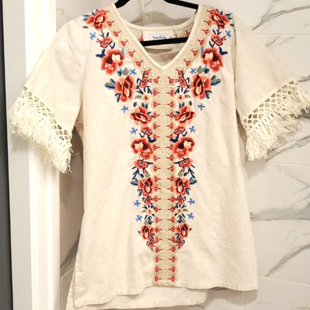 Time for Me size Medium floral embroidered, peasant , Fringes BOHO